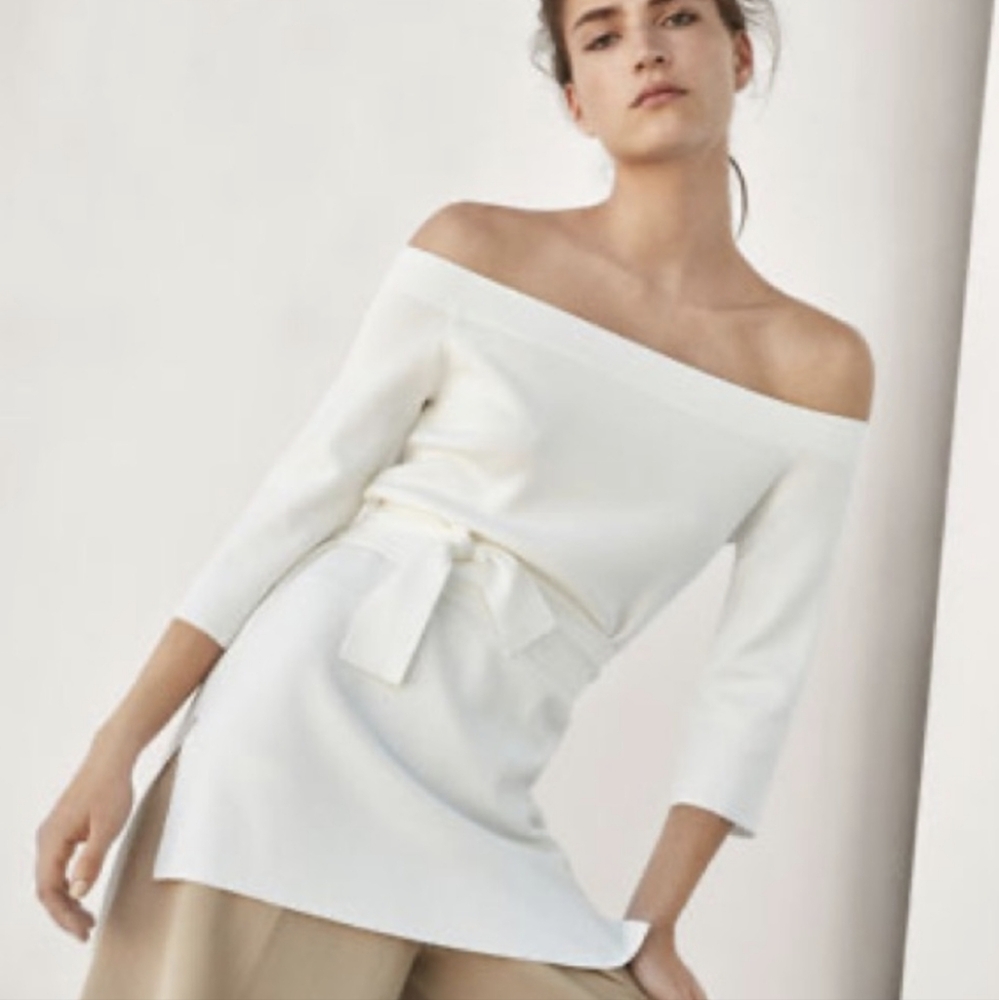 Massimo Dutti Off Shoulder Split Hem Tunic | Size Small | Ivory